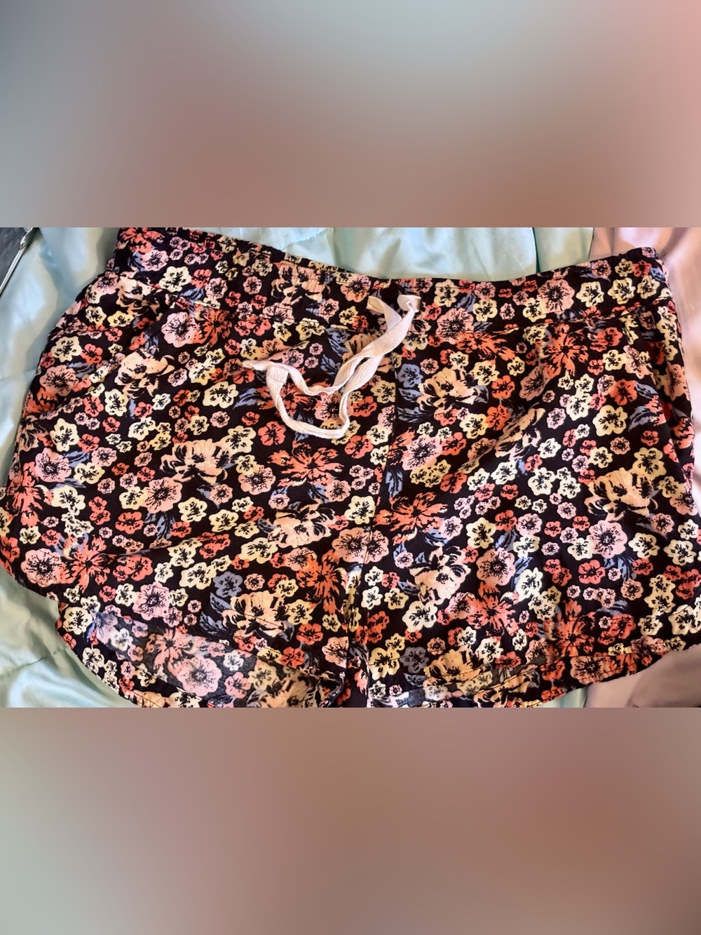 SO Floral Drawstring Shorts in Black with Pink & Peach Blooms